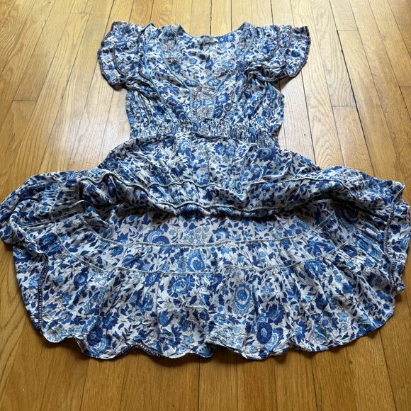 Poupette St Barth Size L Blue Floral Camila Ruffled Mini Tiered Dress - Picture 5 of 16